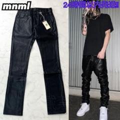 日本未入荷 mnml スーパースタックレザーパンツ ブラックレザーデニム 新品 mnml ミニマル ブラック スタックレザーパンツ レザーデニム