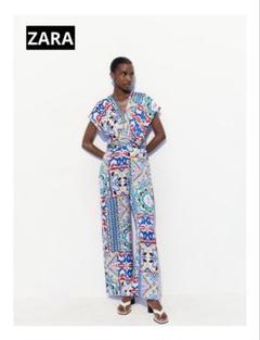 ZARA ザラ　多色パッチワークプリントワイドレッグ半袖サテンジャンプスーツ　M ZARA ザラ 多色パッチワークプリントワイドレッグ半袖サテン