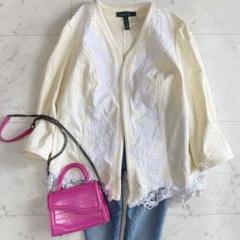 美品 ラルフローレンjeans XL相当 レースノーカラーデニムジャケット◆白 美品 ラルフローレンjeans XL相当 レースノーカラーデニム