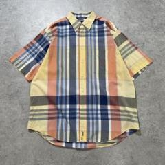 90s.ノーティカ 半袖シャツ チェック イエローボタンダウン L【SS034】