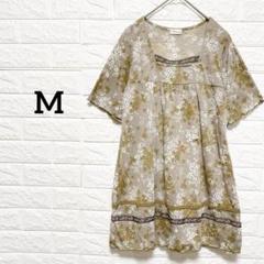 リネン混　刺繍レース　小花柄　半袖チュニック　総柄　M エスニック　ワンピース