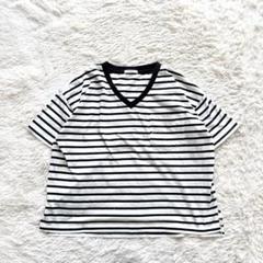 H1【グラシア】Tシャツ　半袖　Ｖネック　ボーダー　黒　M カジュアル　綿混合