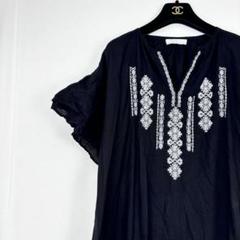 美品✨ アメリカンホリック 刺繍 ロング シャツ ワンピース ブラック 半袖 黒