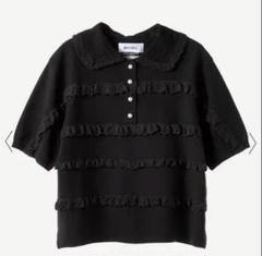MUVEIL レースボーダーポロニットフリル付き黒ポロシャツ ZARA ニットポロシャツ レース クロップド丈 ショート丈