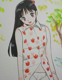 手描きイラスト、少女 樹木