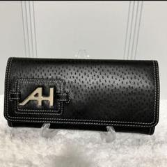ANYA HINDMARCH 長財布 レザー リボンロゴ金具 パンチング 黒 ANYA HINDMARCH 長財布 レザー リボンロゴ金具 パンチング 黒