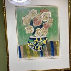 鈴木信太郎　薔薇　水彩画　真作 花の絵画をリトグラフの版画で制作した鈴木信太郎の花の絵「薔薇