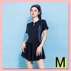 ♥数量限定♥ワンピース　水着　半袖　ブラック　グレー　M　フレア　シンプル　韓国
