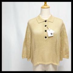 【新品タグ付き】七分袖 アミトップス シースルー 襟 ボタン ベージュ フリー