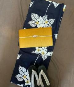 画像の黄色帯+お任せ下駄つき◆大人ゆかた◆品ある紫陽花（あじさい）紺浴衣◆ 画像の黄色帯+お任せ下駄つき◇大人ゆかた◇品ある紫陽花