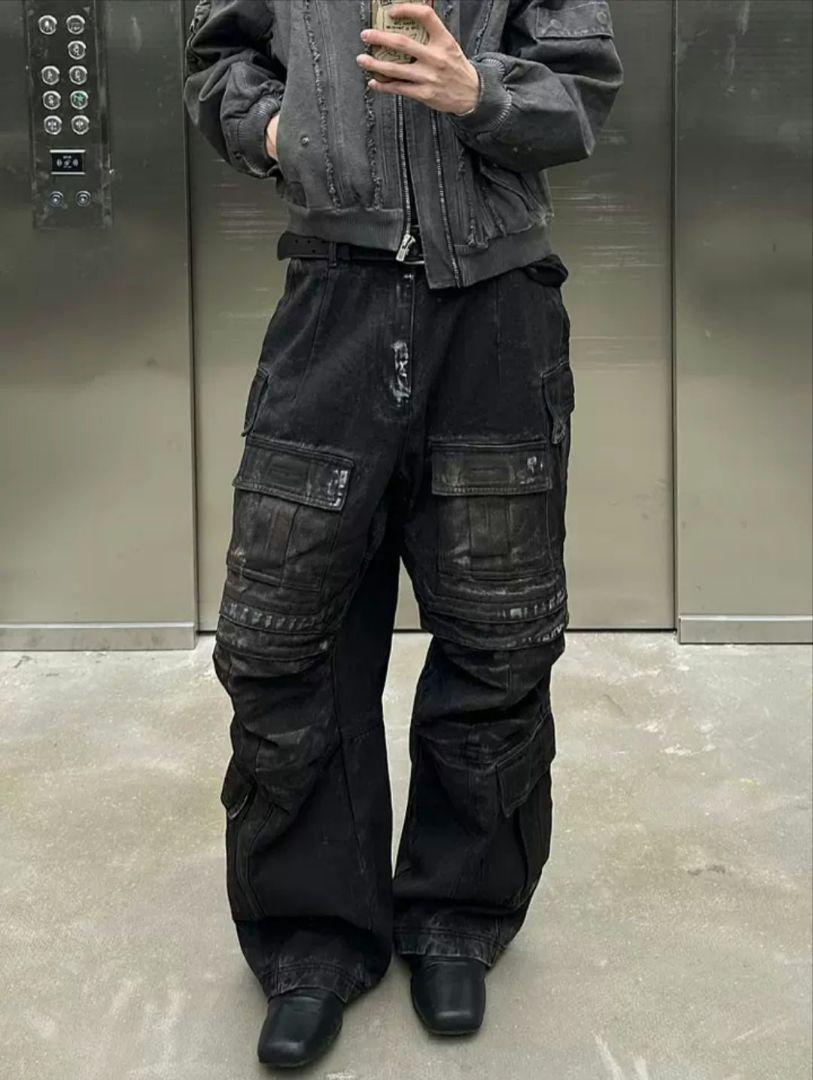 パンツ black damaged wide jeans opium