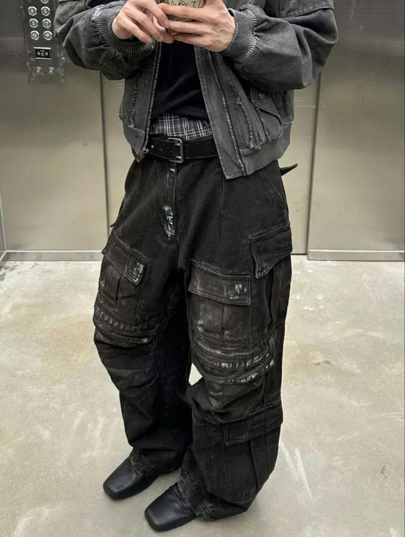 パンツ black damaged wide jeans opium