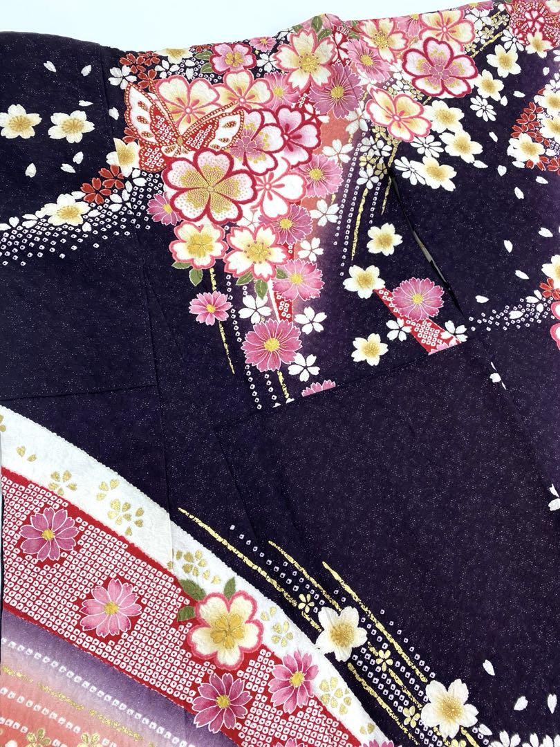 振袖 金駒 金彩 相良刺繍 絞り 銀通し 蝶 桜 身丈159cm 撥水加工