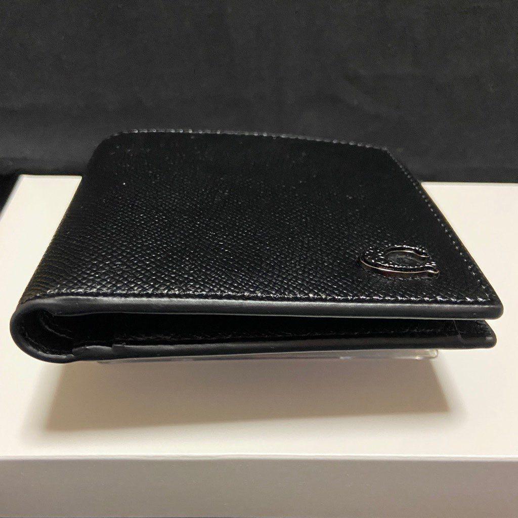 セール❗コーチ メンズスリム 本革クロスグレーン 二つ折り財布