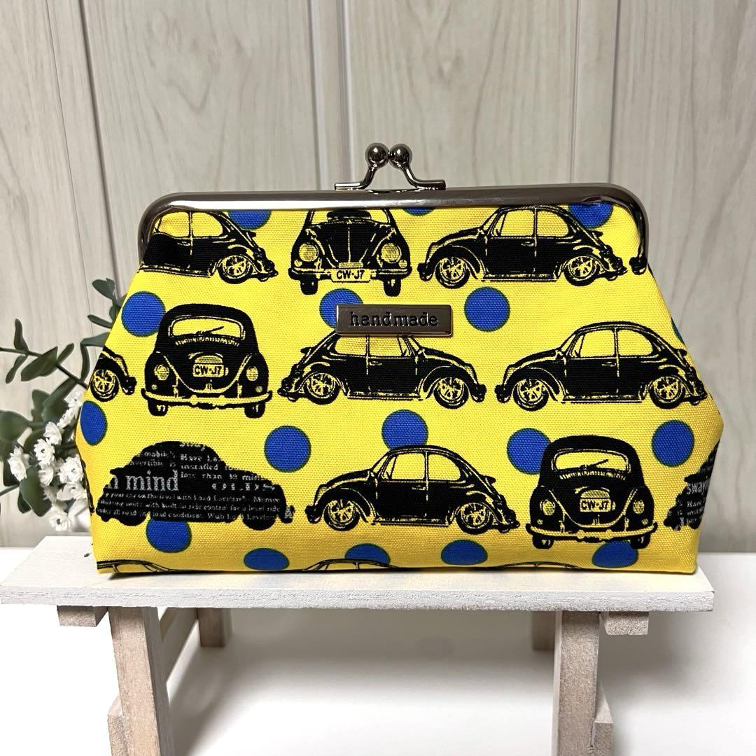 ハンドメイド がま口 ポーチ 黄色 ワーゲン ドット 車