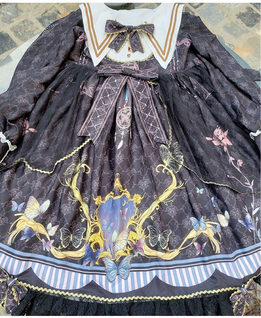 蝶々 夜空 リボン 襟付き ワンピース ブルー ロリータ Lolita高品質
