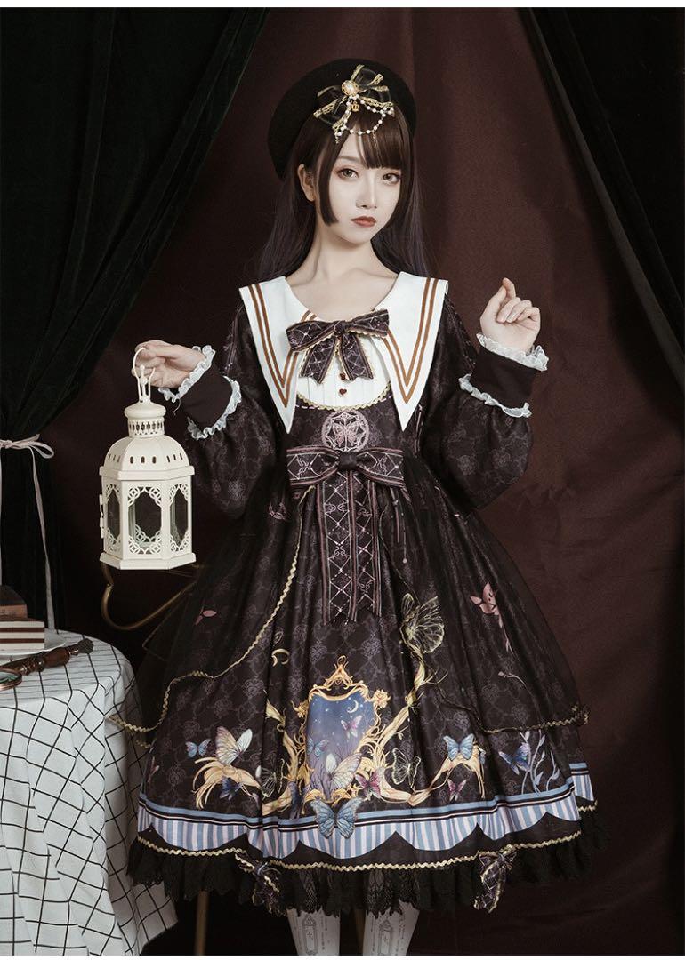 蝶々 夜空 リボン 襟付き ワンピース ブルー ロリータ Lolita高品質