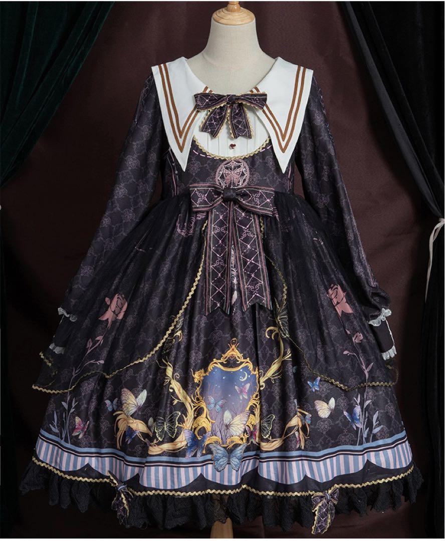 蝶々 夜空 リボン 襟付き ワンピース ブルー ロリータ Lolita高品質