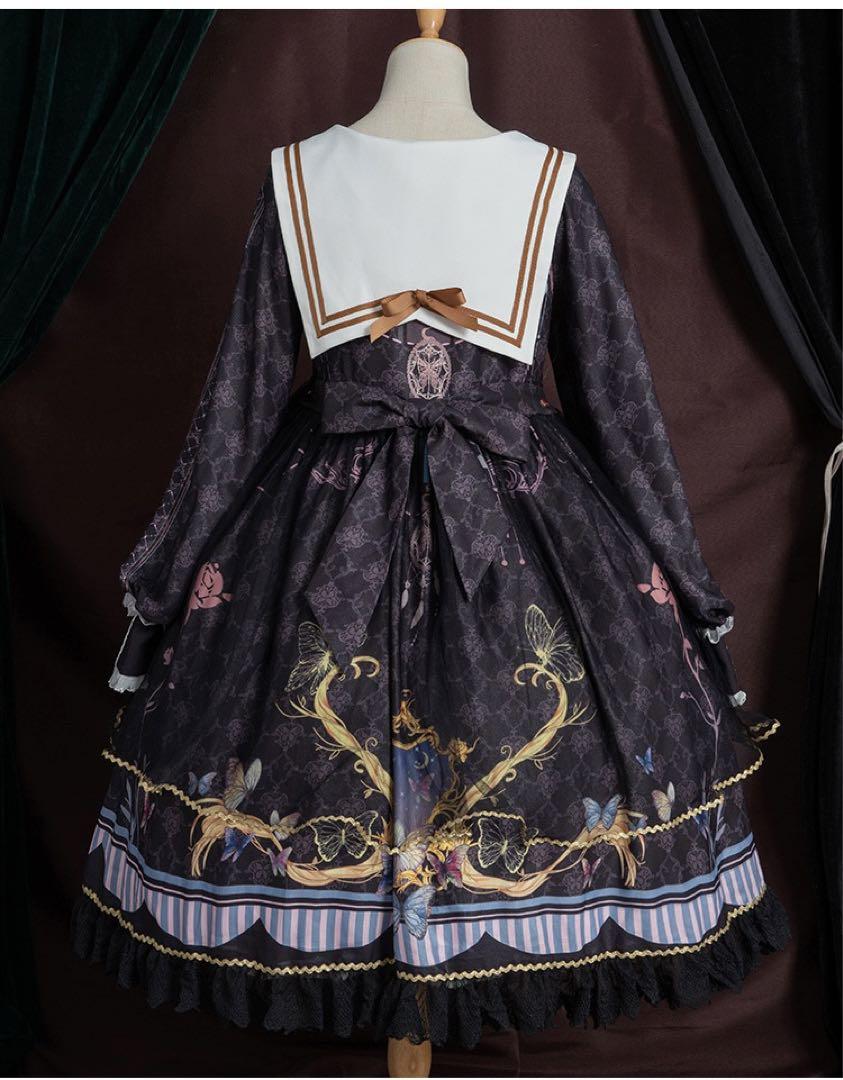 蝶々 夜空 リボン 襟付き ワンピース ブルー ロリータ Lolita高品質