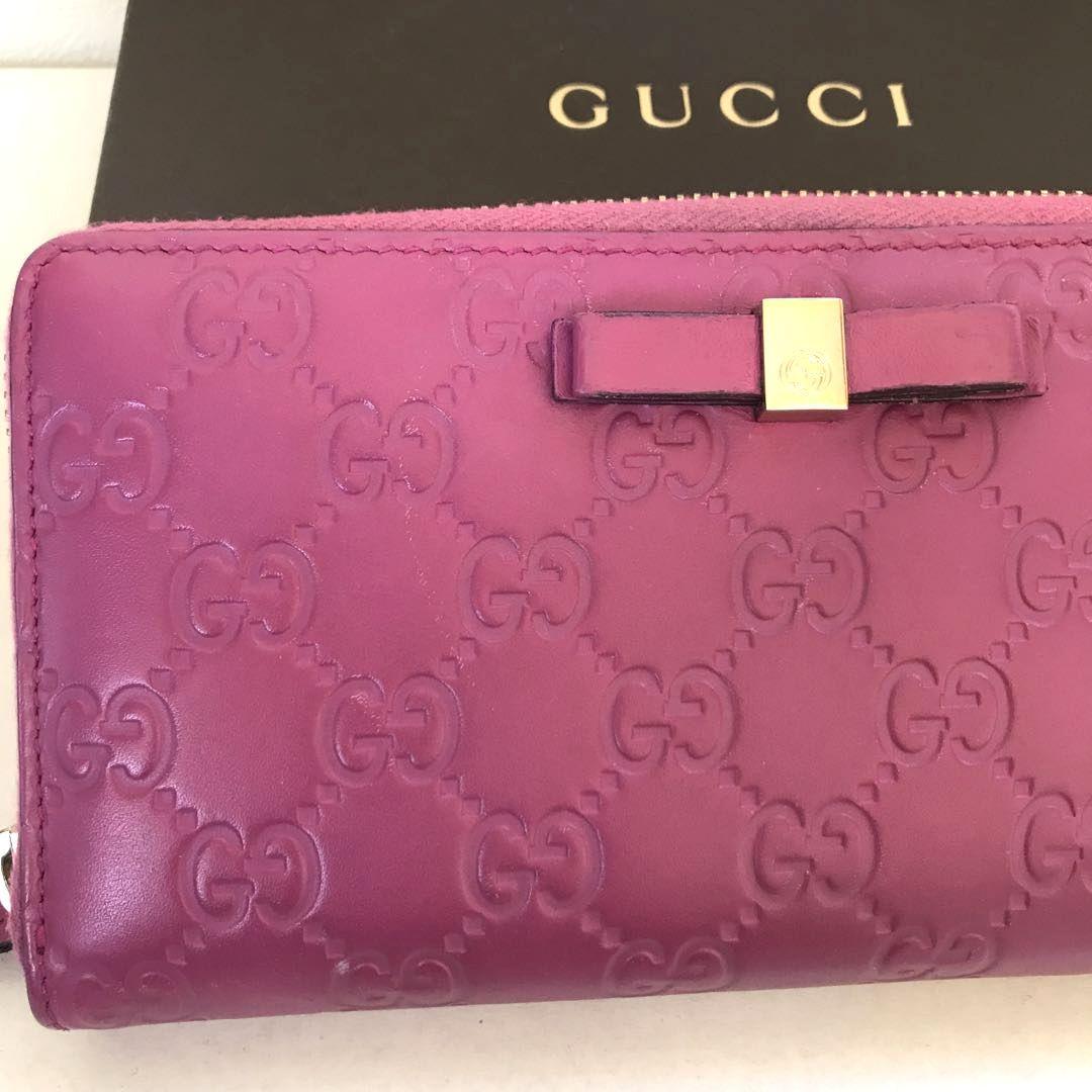 美品 グッチ 長財布 GGシマ ロッキング リボン ピンク