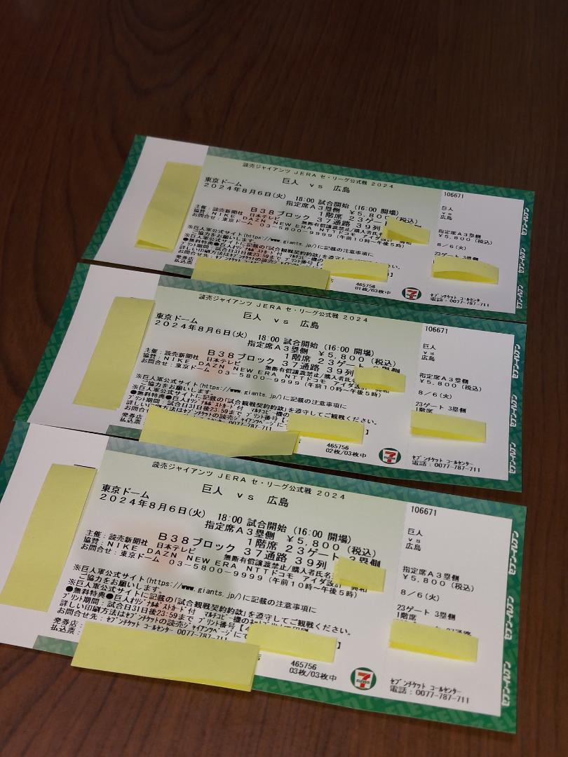 8月6日(火)巨人VS広島 東京ドーム3塁側1階 8月6日(火)巨人VS広島 東京ドーム3塁側1階