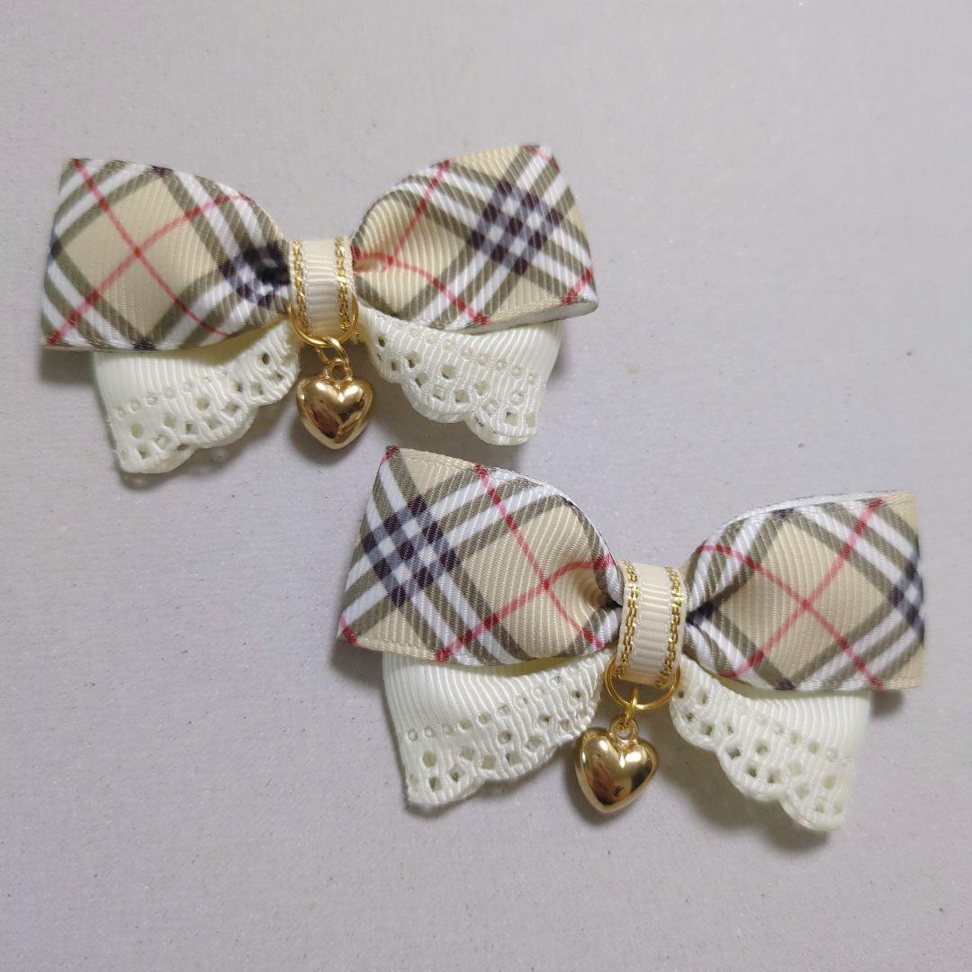 ヘアゴム ヘアリボン ツインテール 1416 チェック アイボリー ヘアゴム ヘアリボン ツインテール 1416 チェック アイボリー