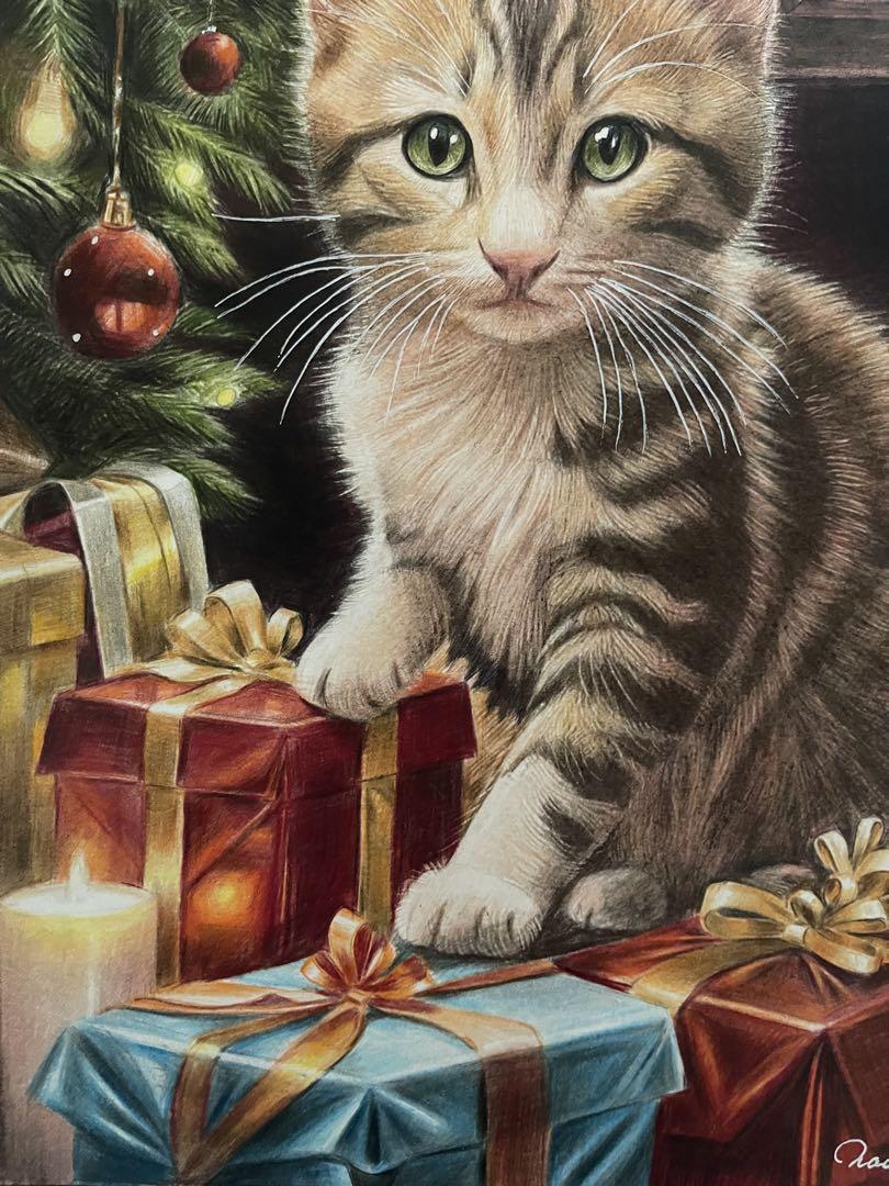 色鉛筆画 A4.猫 クリスマス5