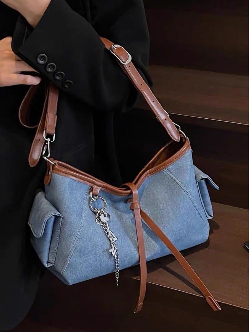 デニムブルーショルダーバッグ キャリーオール　carryall