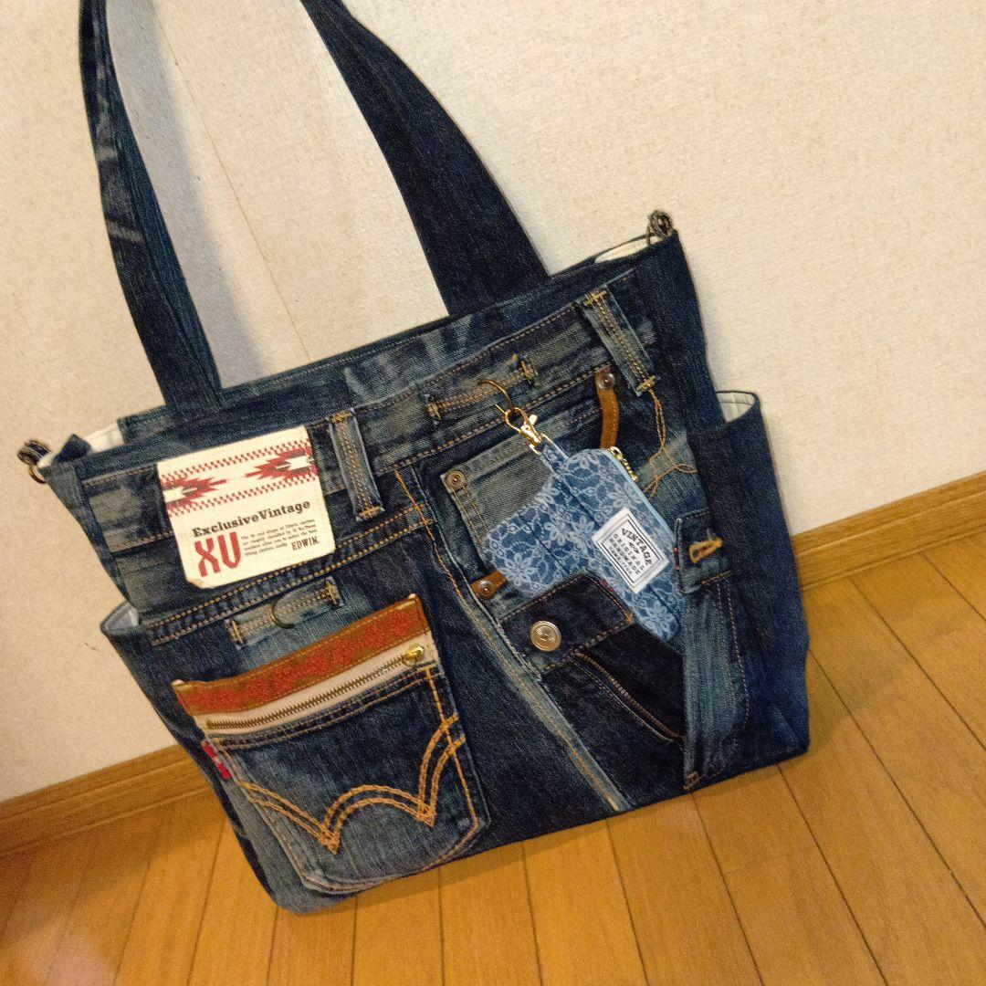 ハンドメイド　デニムリメイクトートバッグ　ポケットティッシュ入れポーチ