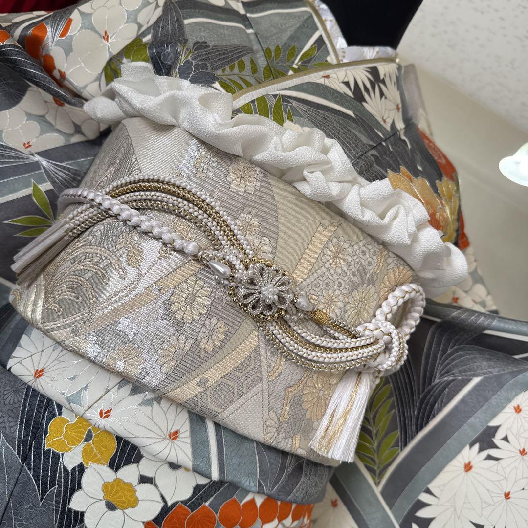 振袖フルセット(7点)・古典柄・銀駒刺繍・薔薇・牡丹・水仙
