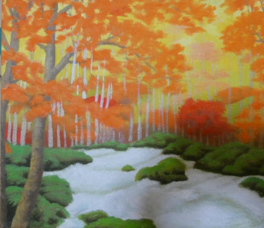可愛いクリスマスツリーやギフトが！ 油絵 肉筆 】手描き 秋の奥入瀬 【 M10 東山魁夷 額付き 絵画
