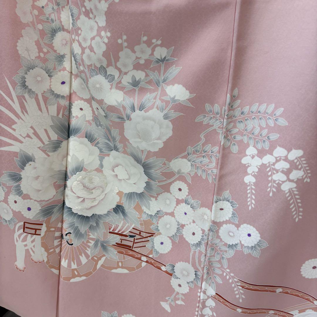 Z-606 付下げ 御所車に花柄 袷 暈し八掛 薄ピンク 棒衿 正絹