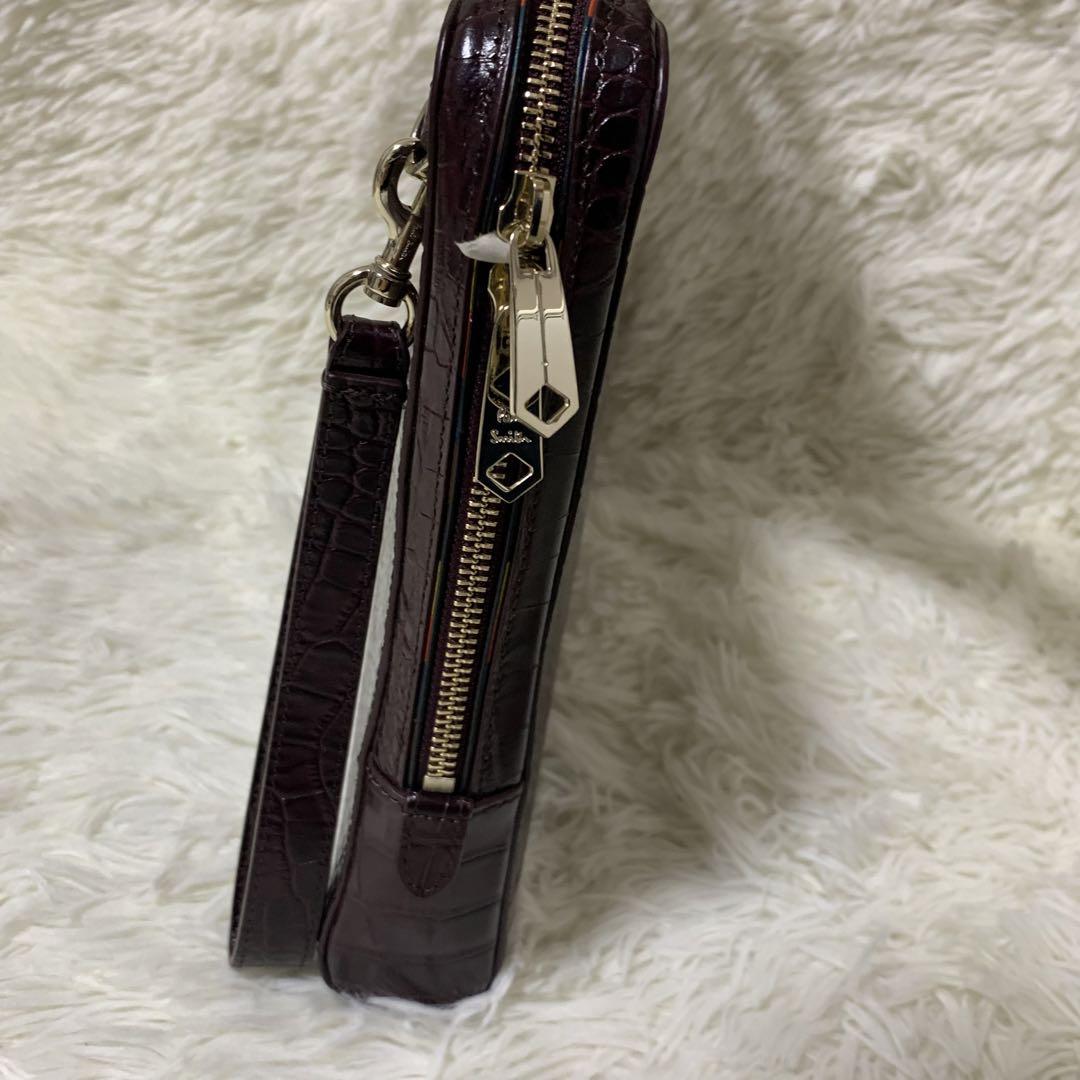【美品】ポールスミス　クラッチバッグ　クロコ型押し　マルチストライプ　ボルドー