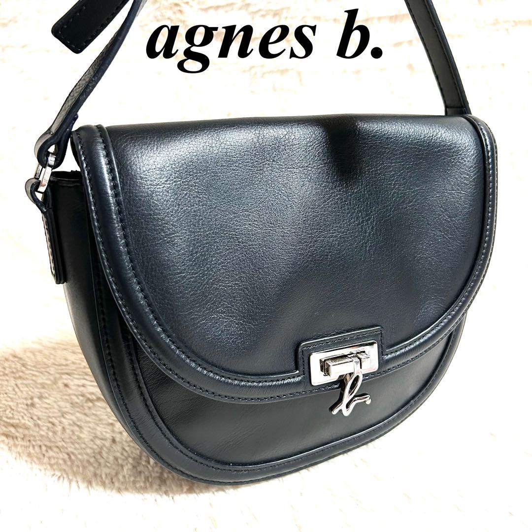 agnes b. ショルダーバッグ ハーフムーン ロゴ金具 黒 牛革100%