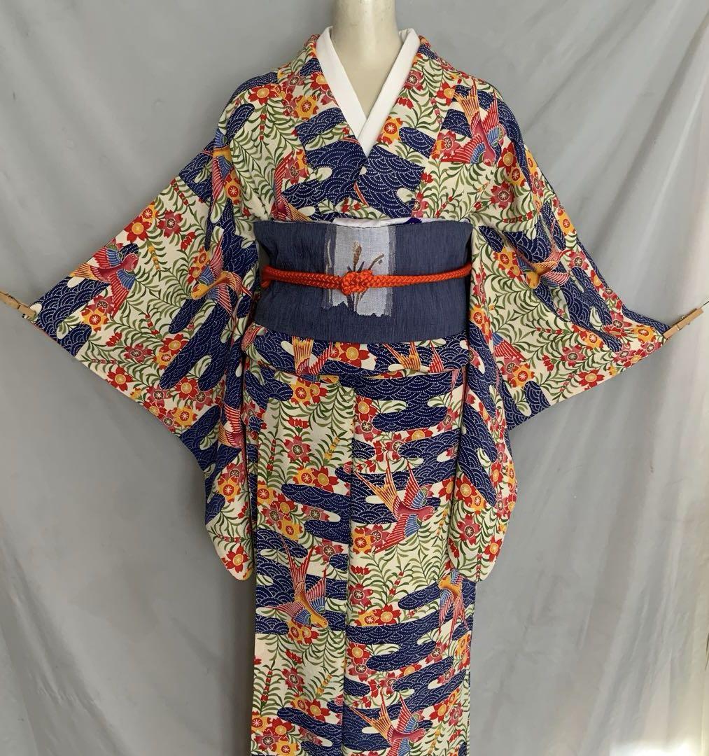 【高級品　手差し　古琉球】　紅型　総柄紅型小紋　袷　広衿(正絹)