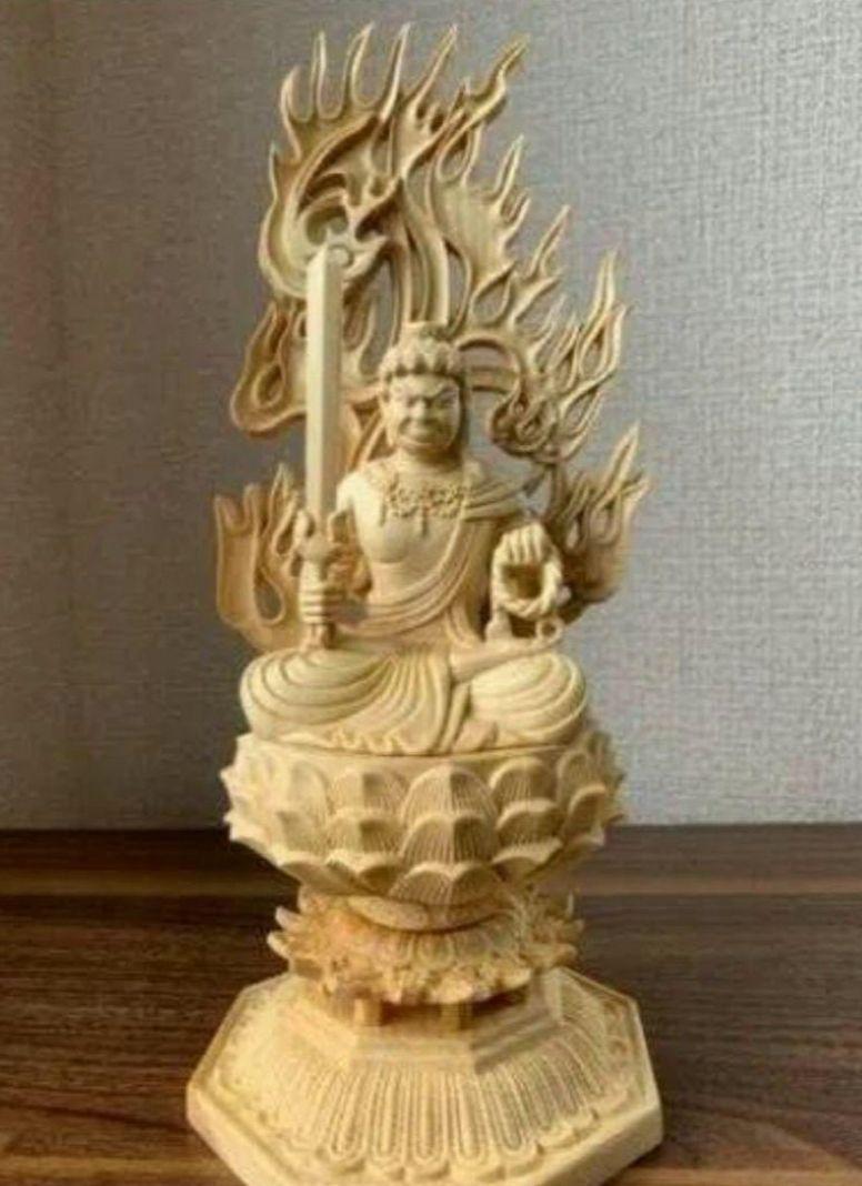 不動明王座像 精密彫刻 木彫 仏像 檜木 高約28cm