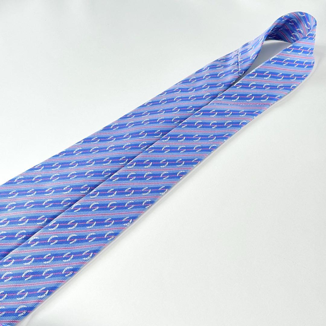 HERMES エルメス 美品 H柄 ストライプ 蹄 ネクタイ ブルー