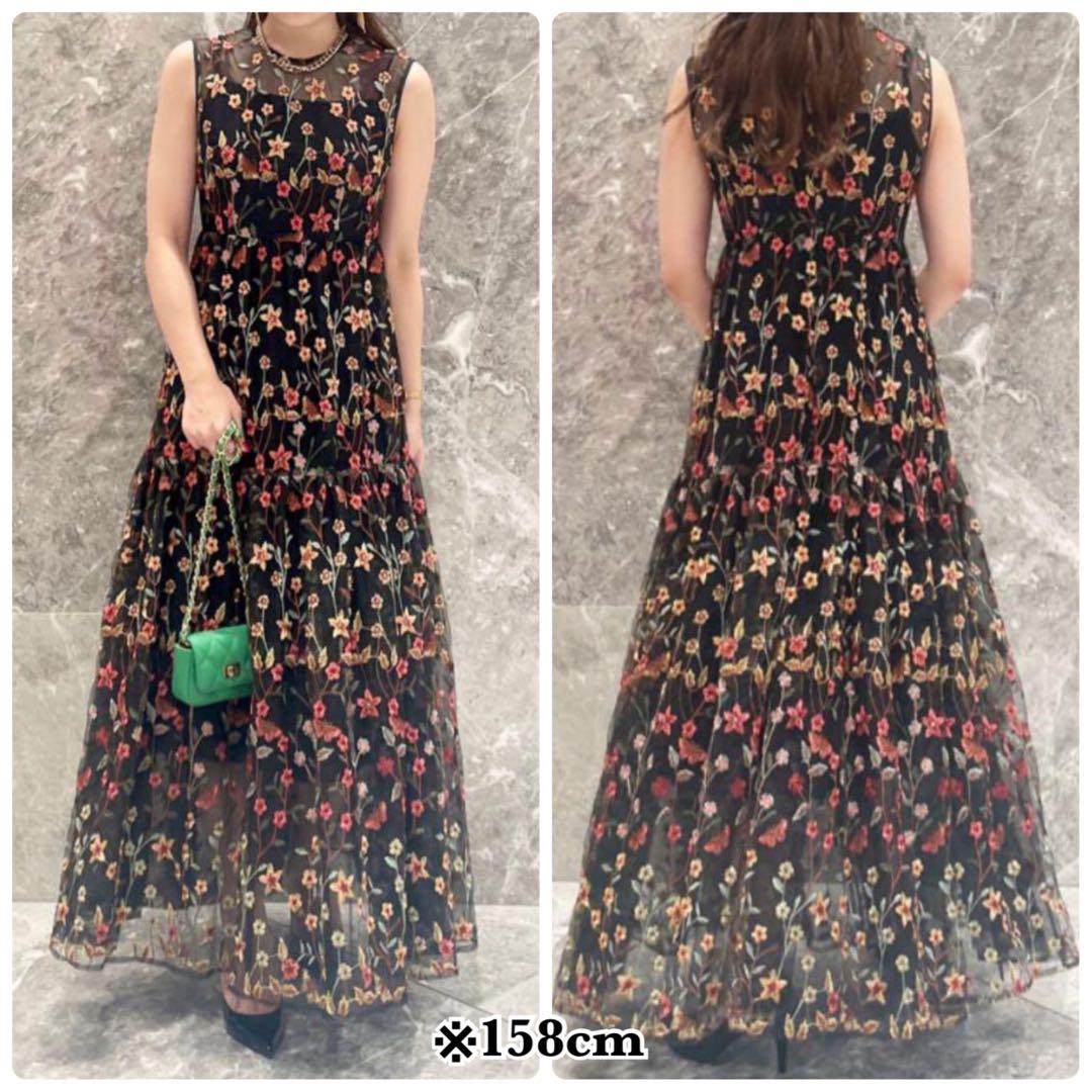 【LOULOU WILLOUGHBY】チュール刺繍ロングワンピース　花柄　黒　2