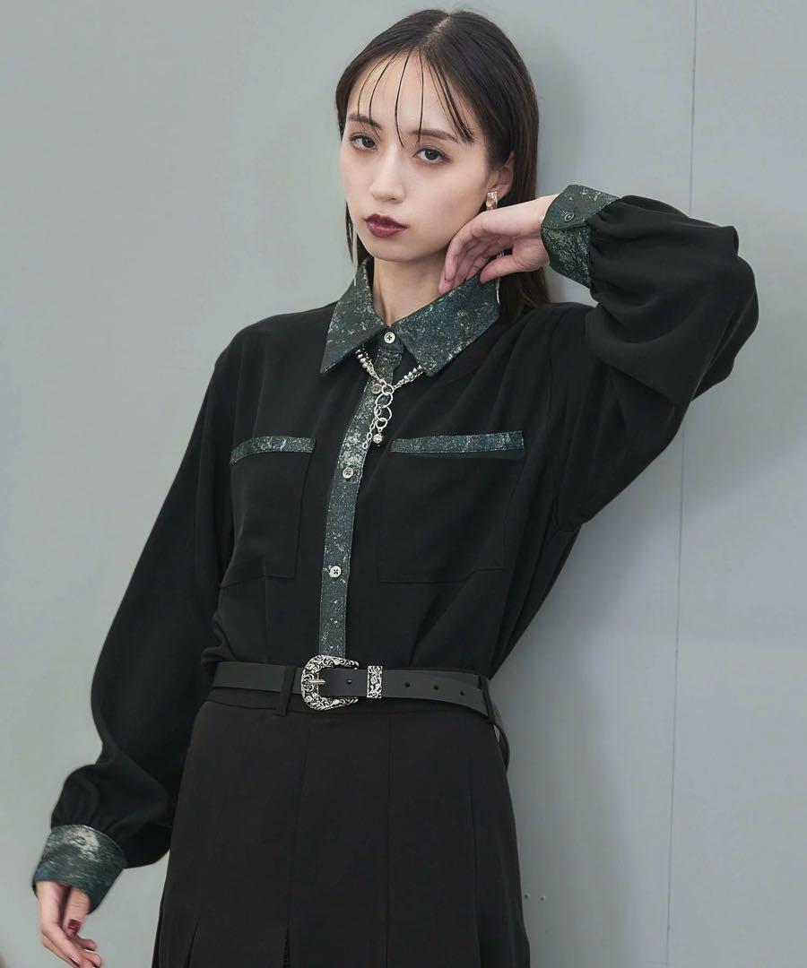 【タグ付】HARE ラメアートジャガードキリカエシャツ　ブラック　グリーン