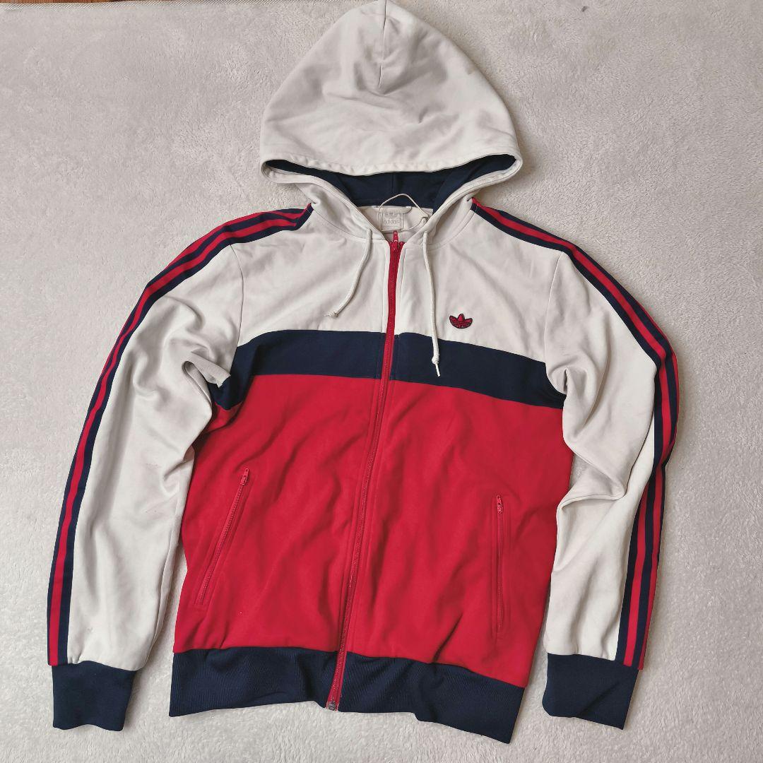 OLD adidasフーデッドジャケット M 銀タグ トリコロール ジップアップ