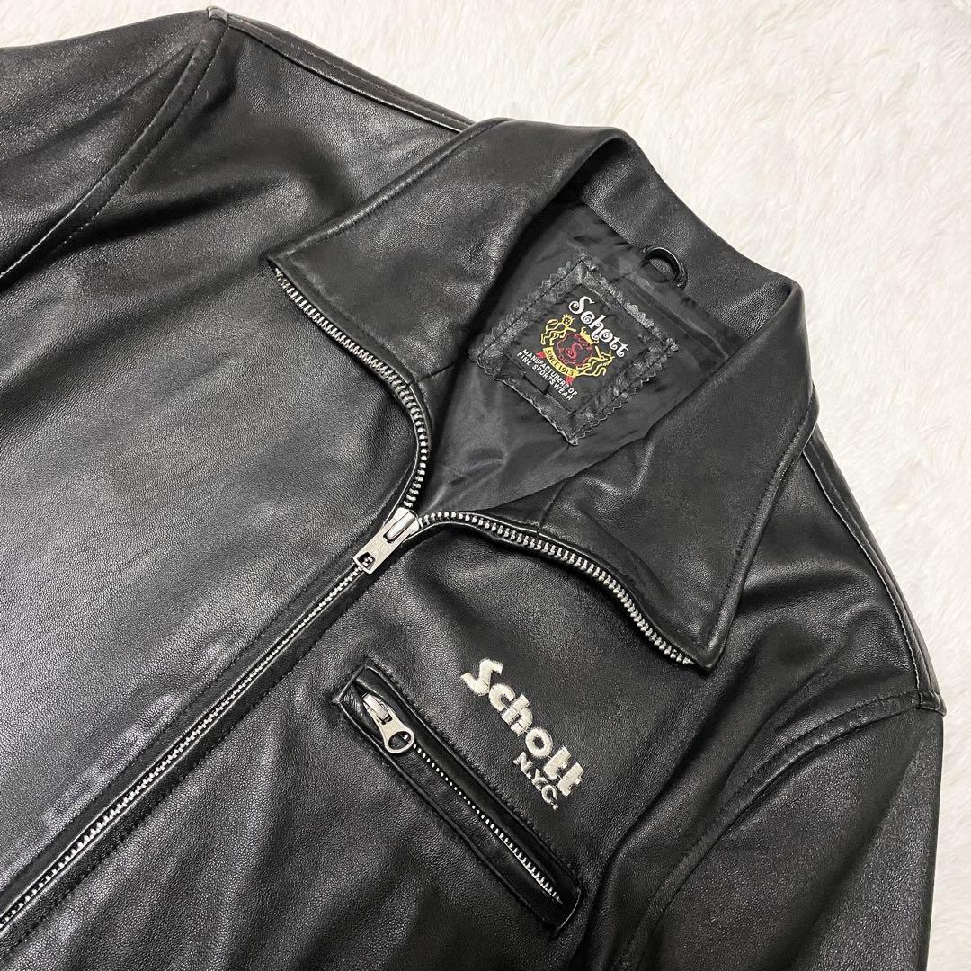 希少✨Schott ラムレザージャケット ロゴ刺繍 アジャストベルト M相当
