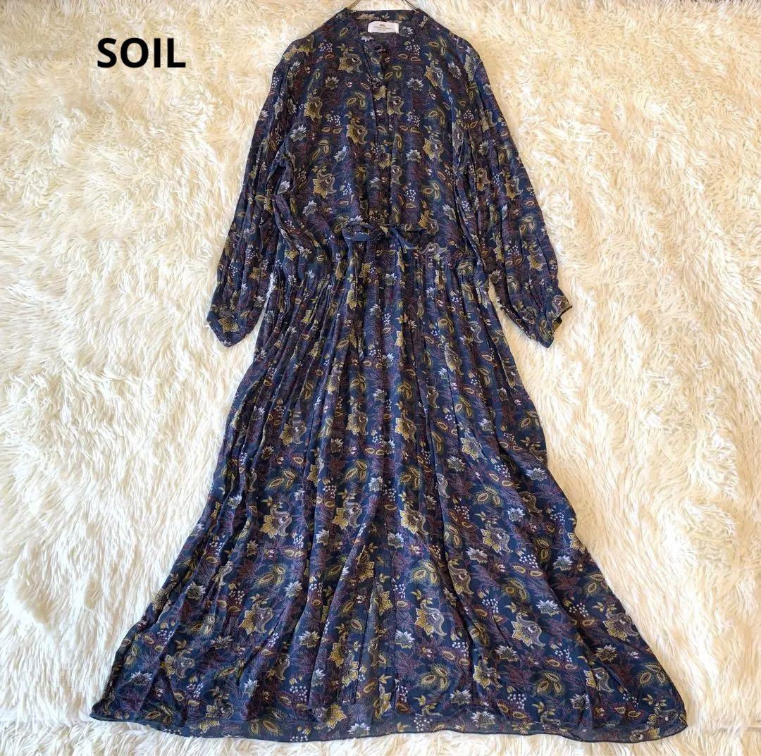 美品　SOIL ソイル 花柄　ロングシャツワンピース　プリーツギャザー　リボン