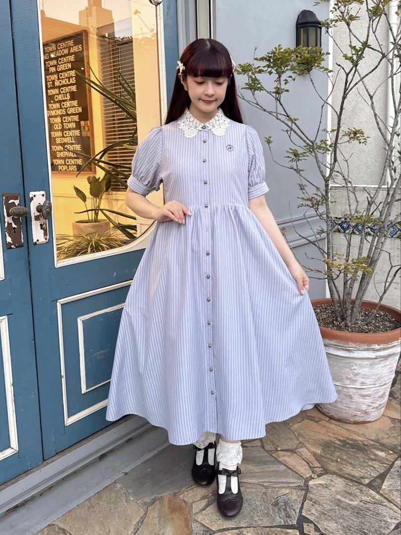 バラ衿レースストライプシャツワンピース　青木美沙子　しまみさ　しまむら　Ｍ 青木美沙子 しまむらコラボ バラレース衿ストライプシャツ