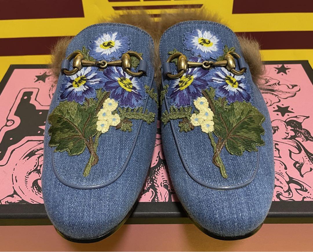 新品 GUCCI フラワーエンブロイダリー デニム ホースビット サンダル 7