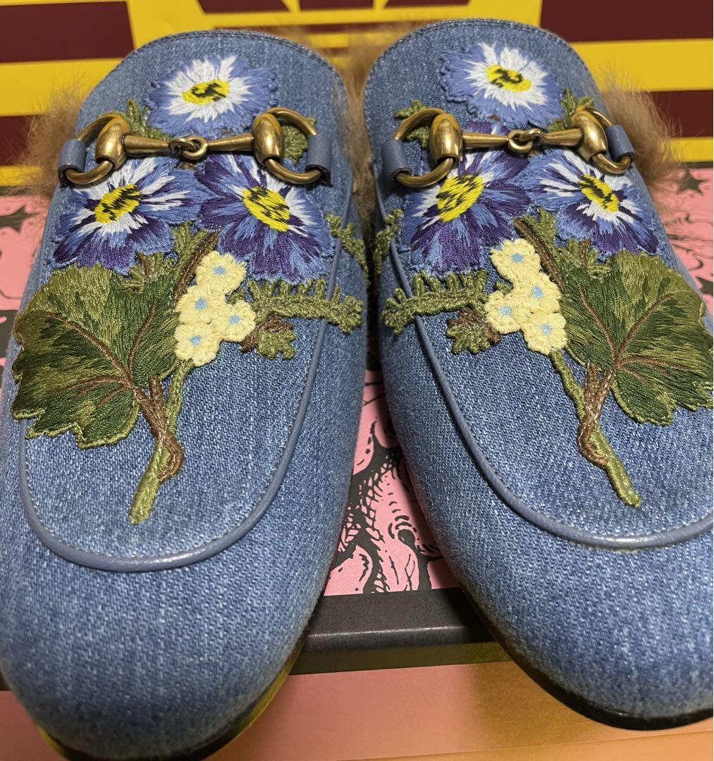新品 GUCCI フラワーエンブロイダリー デニム ホースビット サンダル 7