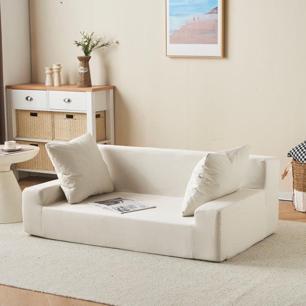 【ベージュ】2人掛ソファ 組立不要 フロアソファ コンパクト ローソファ 完成品