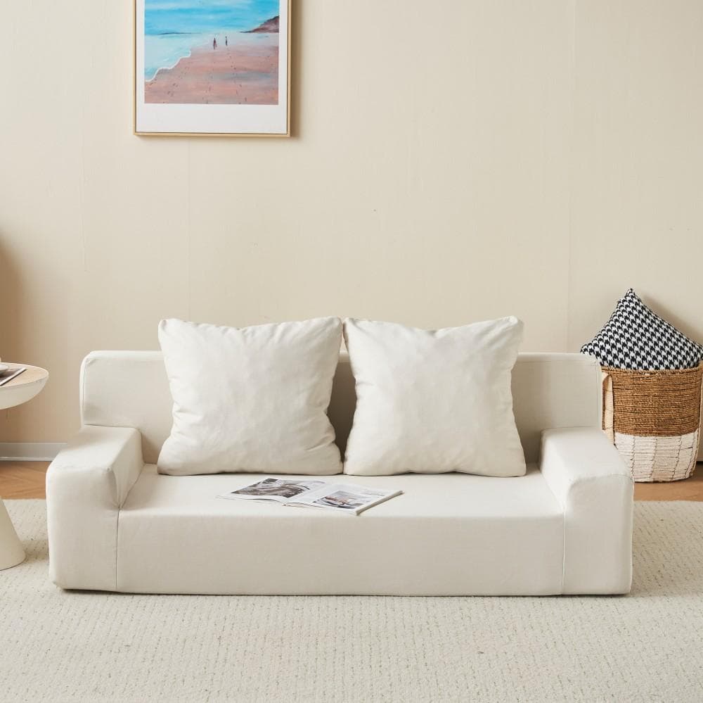 【ベージュ】2人掛ソファ 組立不要 フロアソファ コンパクト ローソファ 完成品