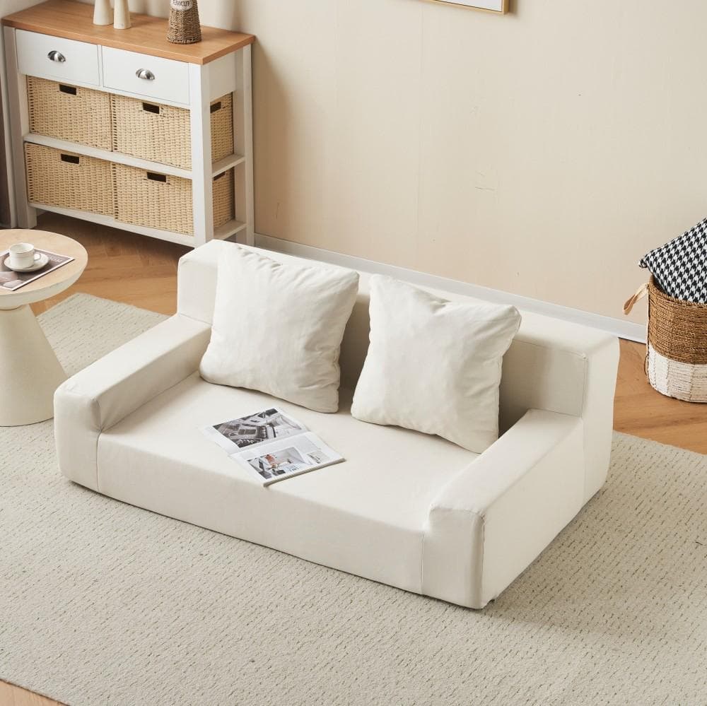 【ベージュ】2人掛ソファ 組立不要 フロアソファ コンパクト ローソファ 完成品