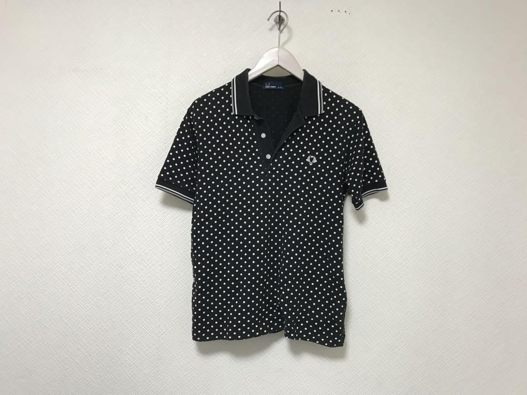 フレッドペリー 刺繍ロゴ リブライン ドット柄 ポロシャツ M 黒 本物フレッドペリーFRED PERRYコットンロゴ刺繍水玉柄半袖