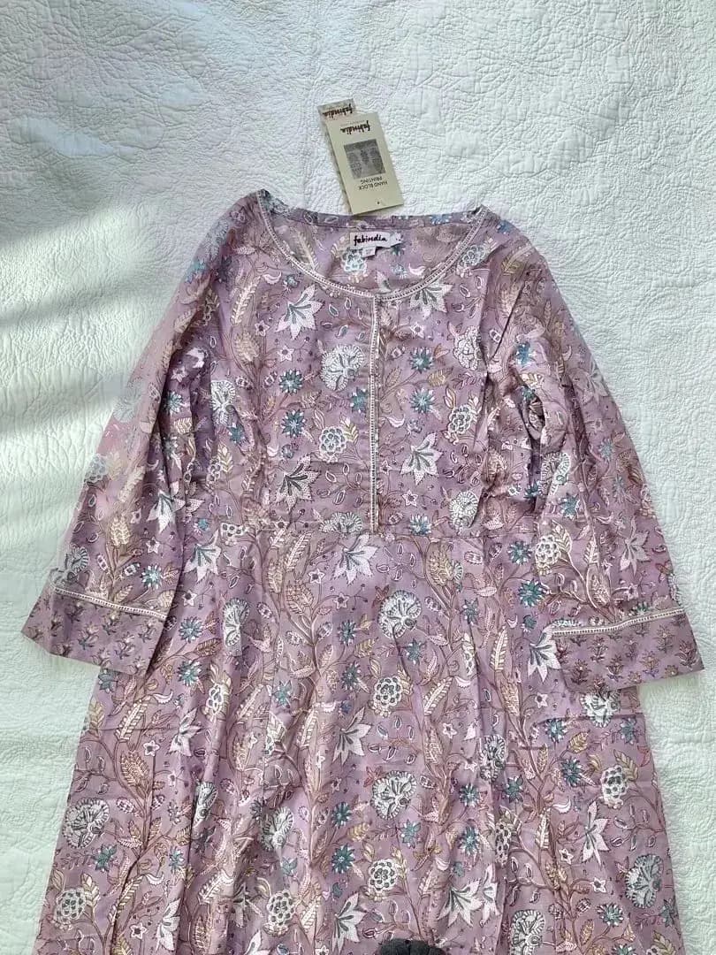 F1 新品タグ付 Fabindia ハンドブロックプリント ロングワンピース